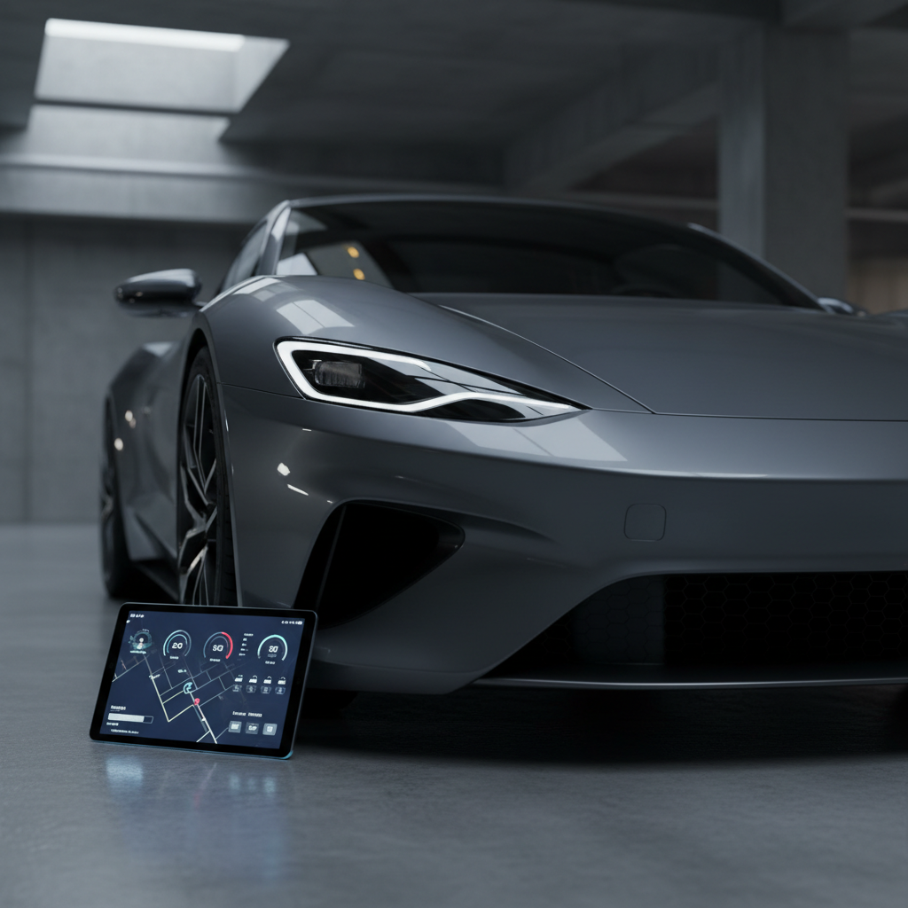 A close-up of a high-end graphite gray electric sports car nose parked in a contemporary concrete garage, focusing on the sculpted headlight, aerodynamic curves, and glossy paint reflecting faint city lights. On the floor beside the front wheel lies a slim tablet showing a blurred dashboard of performance stats and route maps, reinforcing the technological edge. Cool, directional studio-style lighting from above and the side creates crisp reflections and dramatic shadows, emphasizing form and detail. Photographic realism with a low-angle composition that feels bold and dynamic, background softly out of focus to keep attention on the car’s design and the idea of future-forward automobiles.