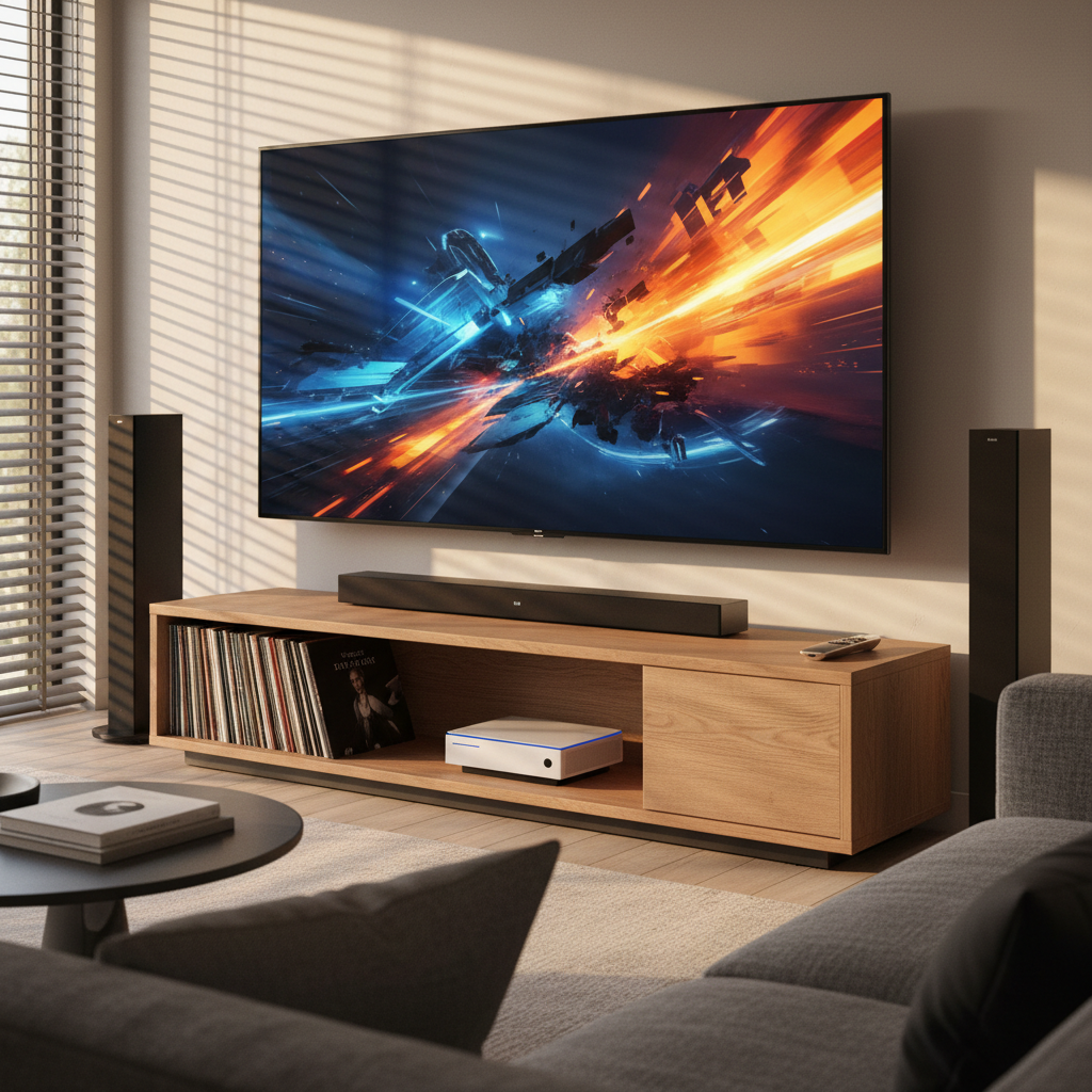 A modern living room media setup featuring a wall-mounted ultra-wide 4K television displaying a vivid but abstract sports and entertainment scene, surrounded by slim black speakers and a brushed-metal soundbar. Below, a low-profile oak console holds neatly stacked vinyl records, a minimalist game console, and a polished remote. Late-afternoon golden light filters through slatted blinds, creating patterned bands of light and shadow across the screen and furniture. Photographic realism from a slightly angled perspective, with sharp focus and a clean, modern composition that feels professional yet inviting, capturing the intersection of entertainment, audio, and technology.
