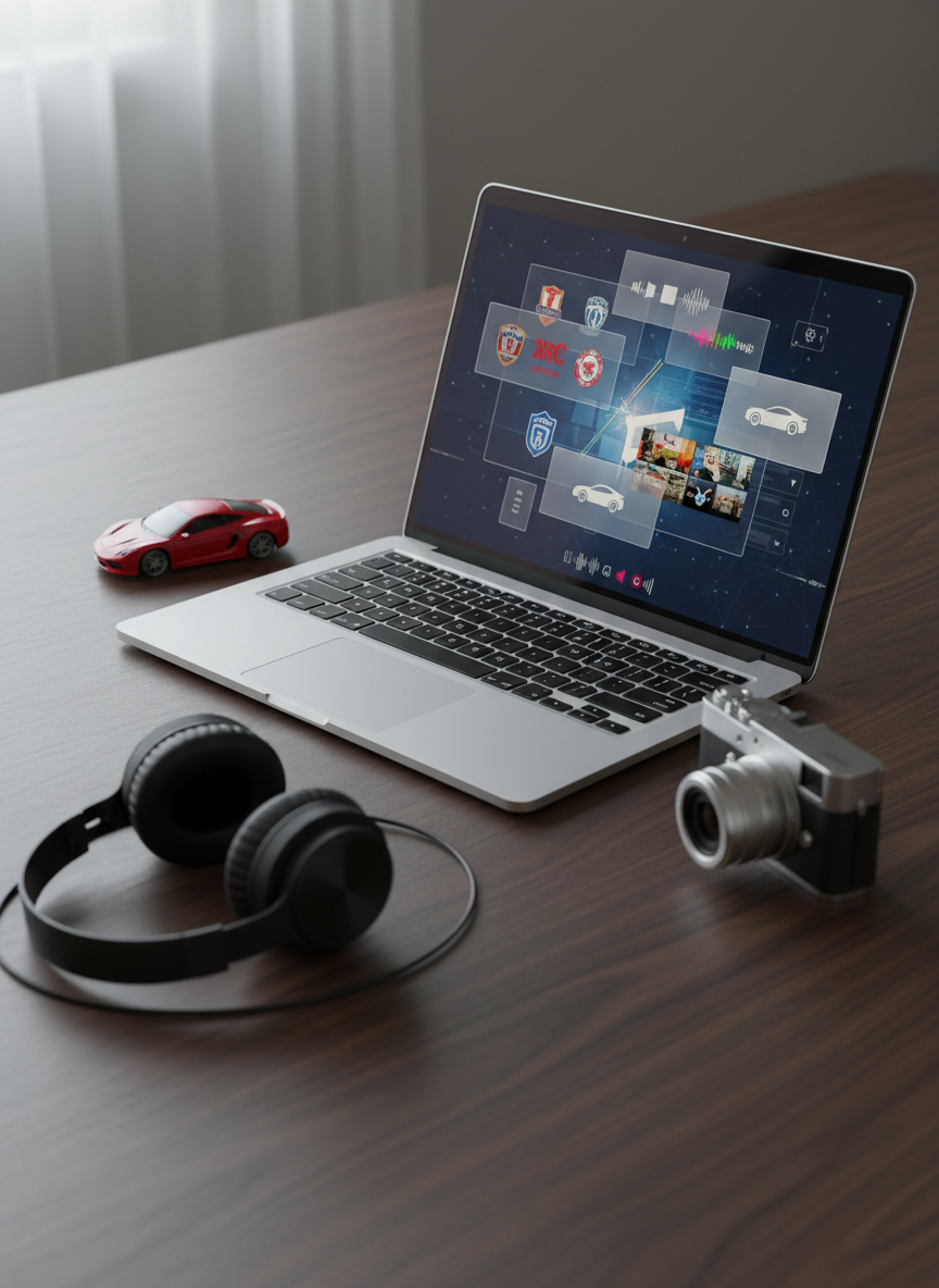 A sleek glass-and-aluminum laptop half-open on a dark walnut desk, its screen displaying a vibrant abstract interface of overlapping media tiles, sports icons, audio waveforms, and car silhouettes. Around it, a pair of matte black over-ear headphones, a compact mirrorless camera, and a small model sports car create a subtle ring of objects. Soft, diffused daylight from an unseen window to the left casts gentle highlights on the metallic surfaces and rich shadows beneath. Photographic realism, shot at eye level with a shallow depth of field so the laptop and nearby gadgets are crisp while the background fades into a tasteful blur, evoking a professional, curious, media-focused atmosphere.